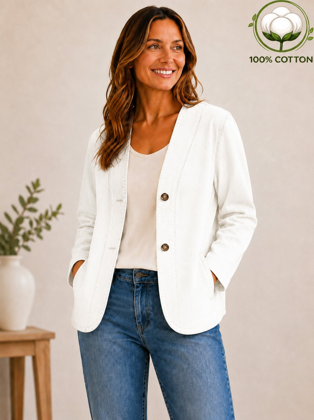 Woman wearing a white LoomBasics 100% cotton vintage shirt and blue jeans.