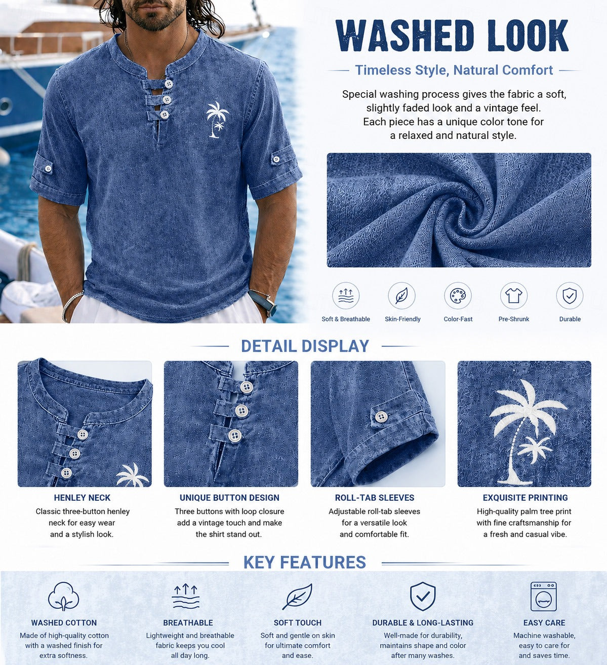 100% Cotton Palm Tree Washed Henley T-Shirt