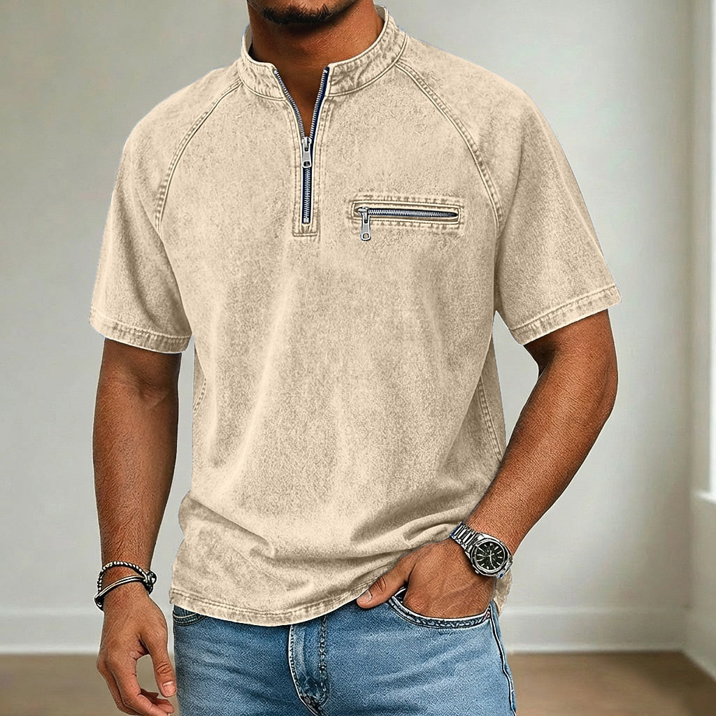 Broken-In Cotton Zip Up Henley Shirt
