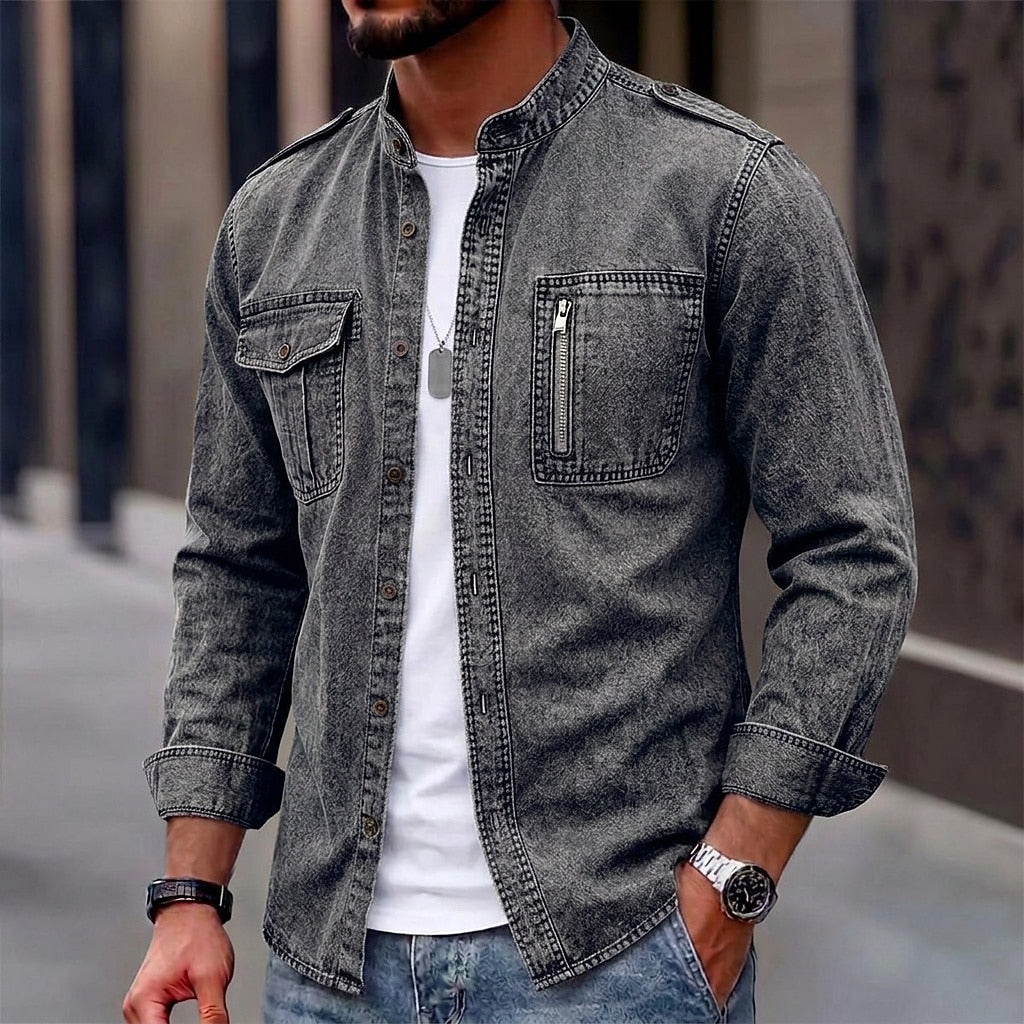 Washed Mandarin Collar Pocket Shirt