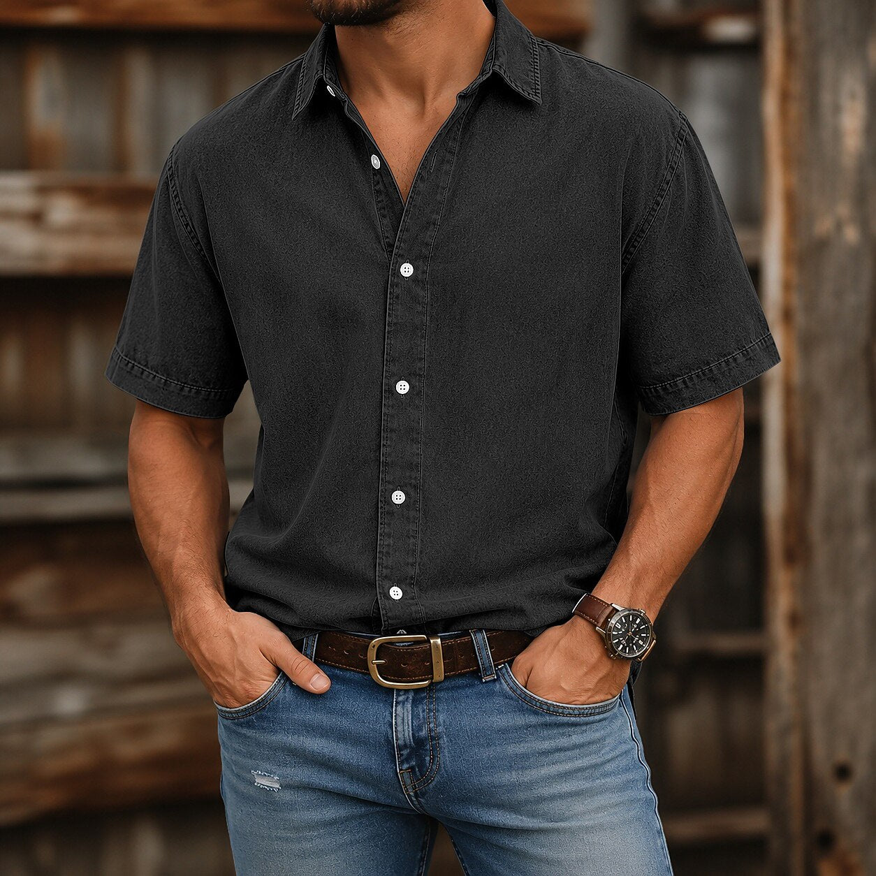 Broken-In Cotton Denim Shirt
