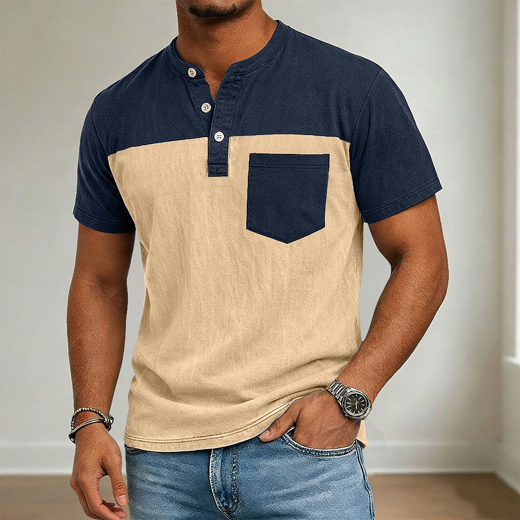 100% Cotton Color Block Henley Tee