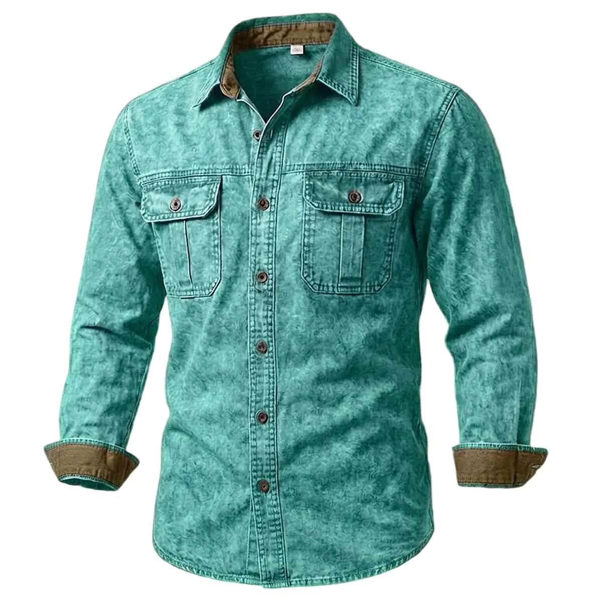 A men's long-sleeve button-up shirt in a washed teal or turquoise denim-like fabric, featuring two chest flap pockets and brown contrast fabric lining on the collar, cuffs, and button details.