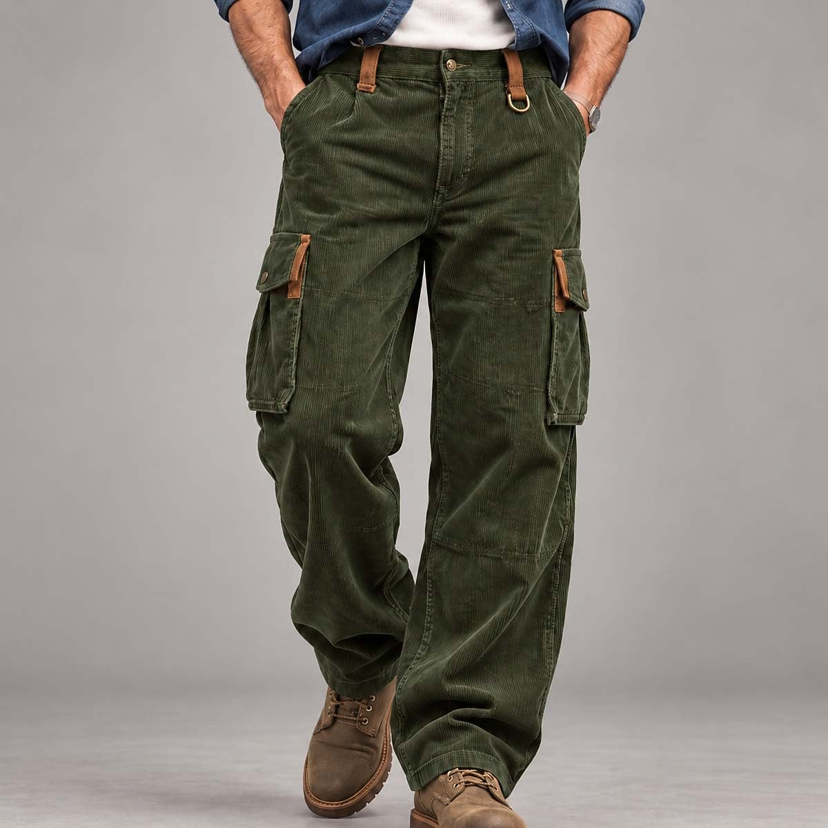 Textured Corduroy Cargo Pants With Pockets