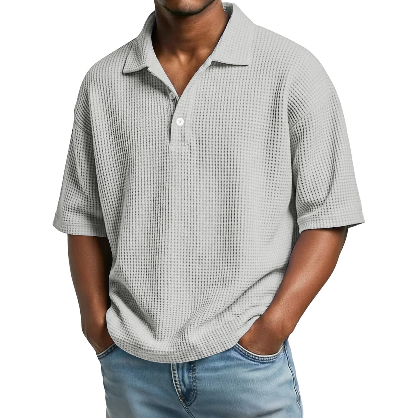 Men's Waffle Polo Shirt-Casual Textured Short Sleeve Top