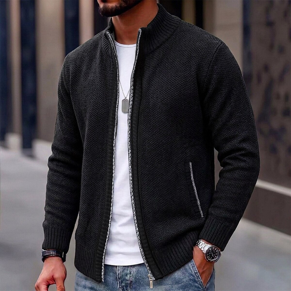 Fleece Ribbed Knit Zip Up Sweater