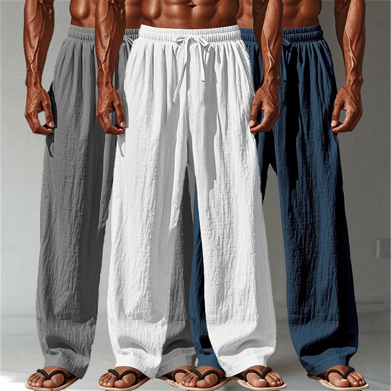 3PCS Cotton Linen Pants - Baggy Drawstring Casual Pants