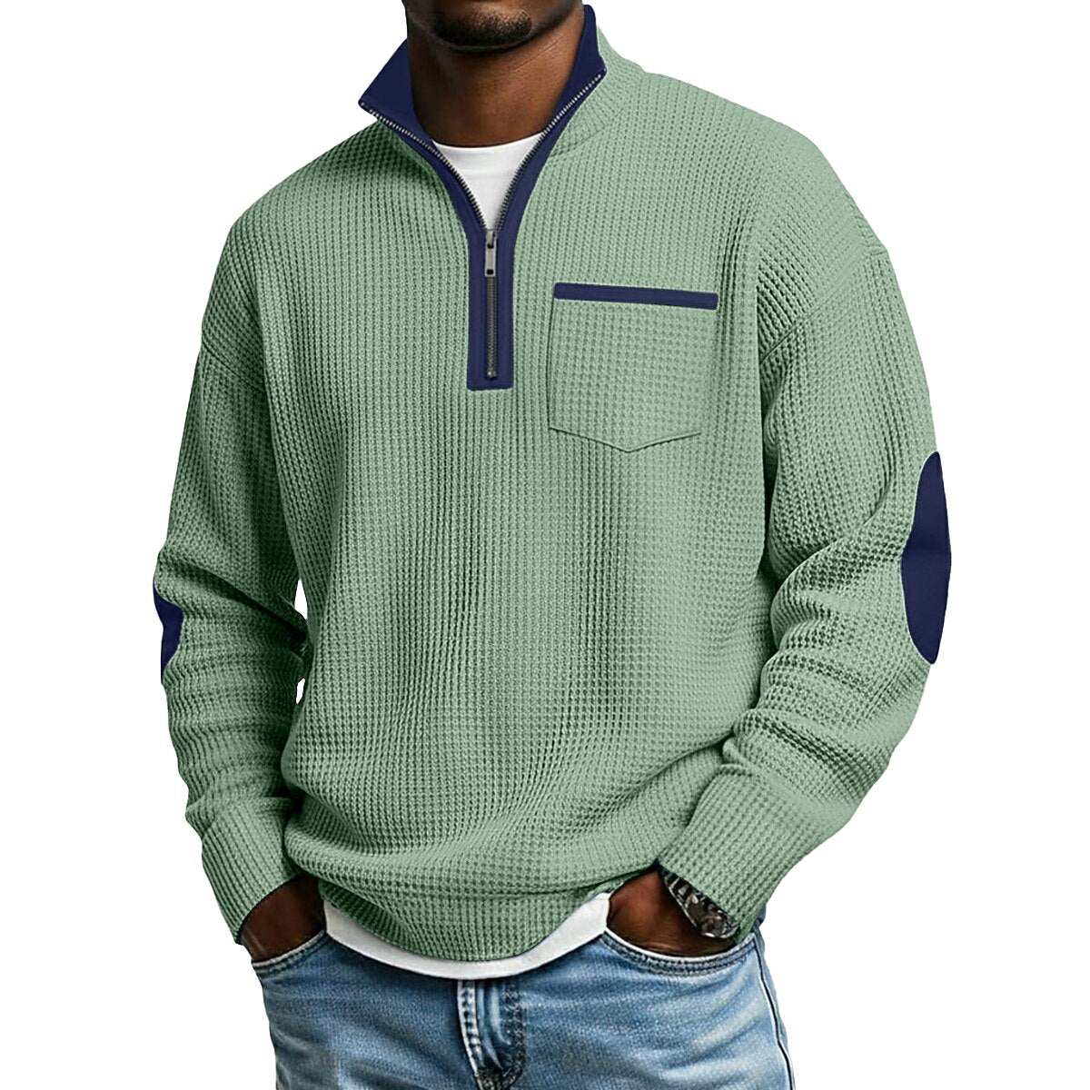 Patchwork Waffle Quarter Zip Polo Shirts