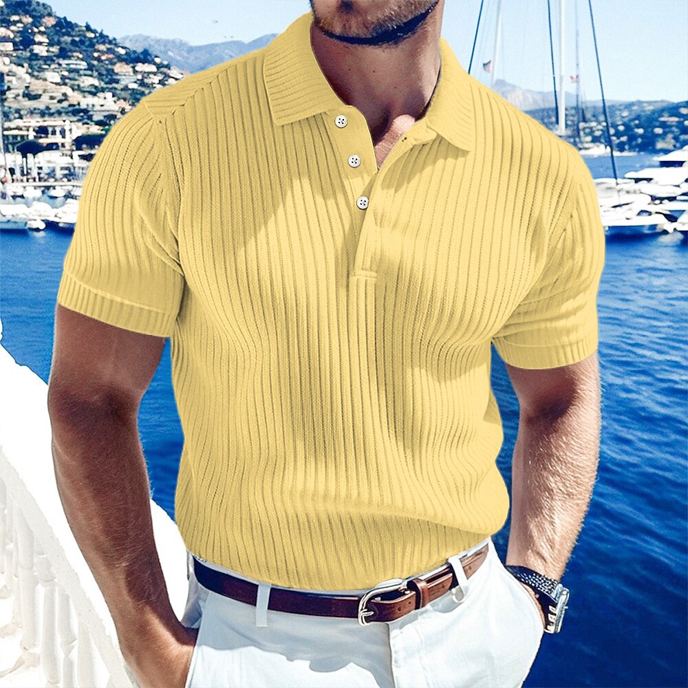 Men's Rib Knit Polo-Casual Short Sleeve Polo