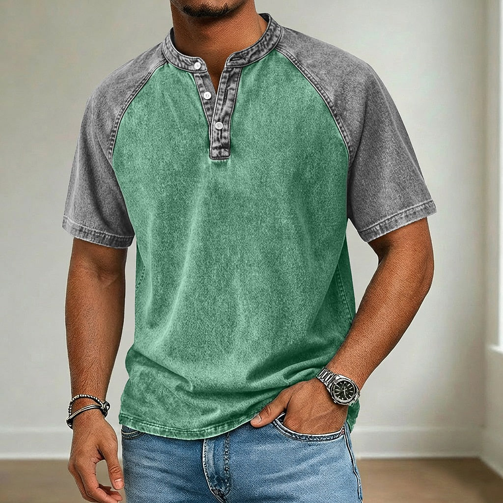 Broken-in Comfort Washed Cotton Denim Henley T-Shirt