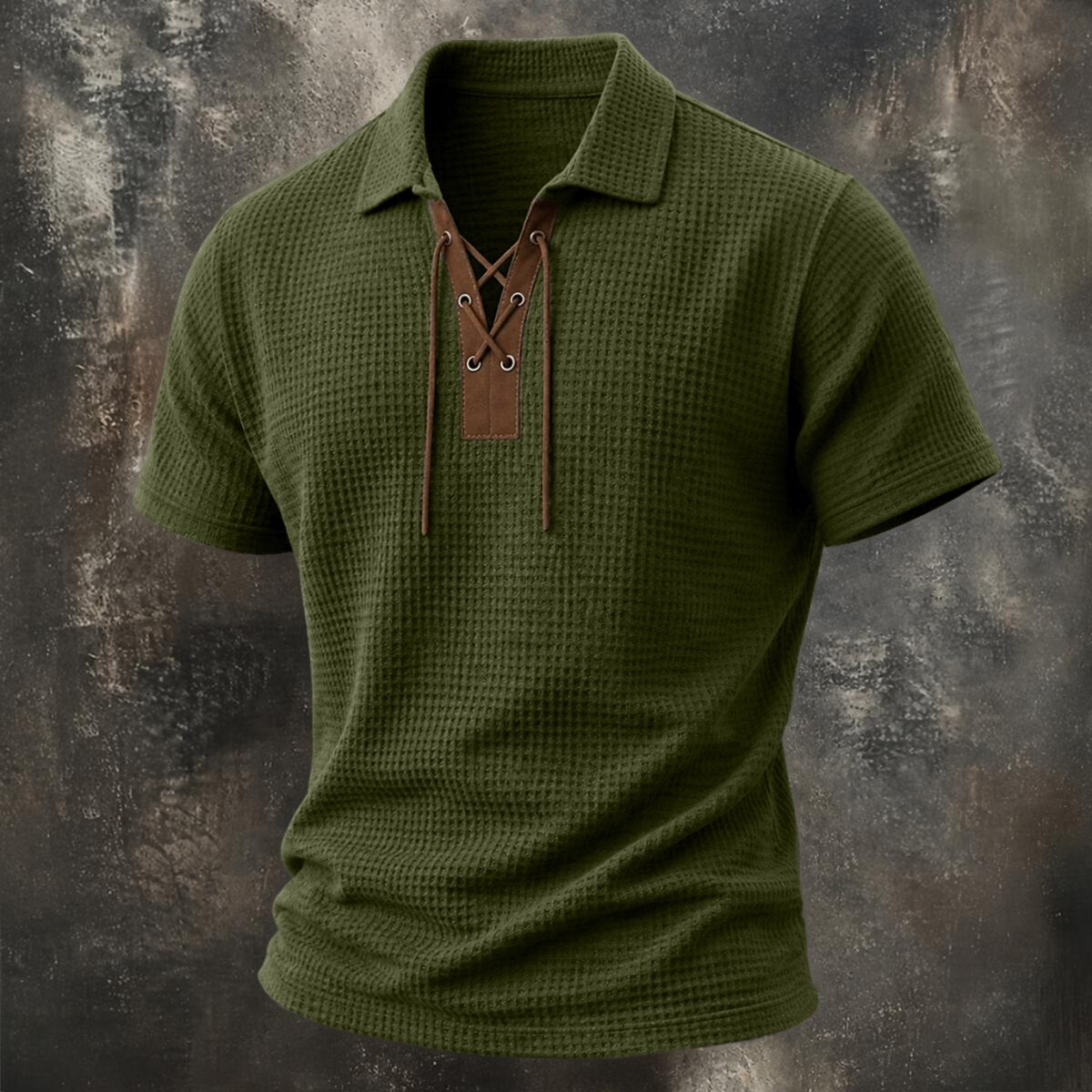 Vintage Lace-Up Collar Waffle Henley Shirt