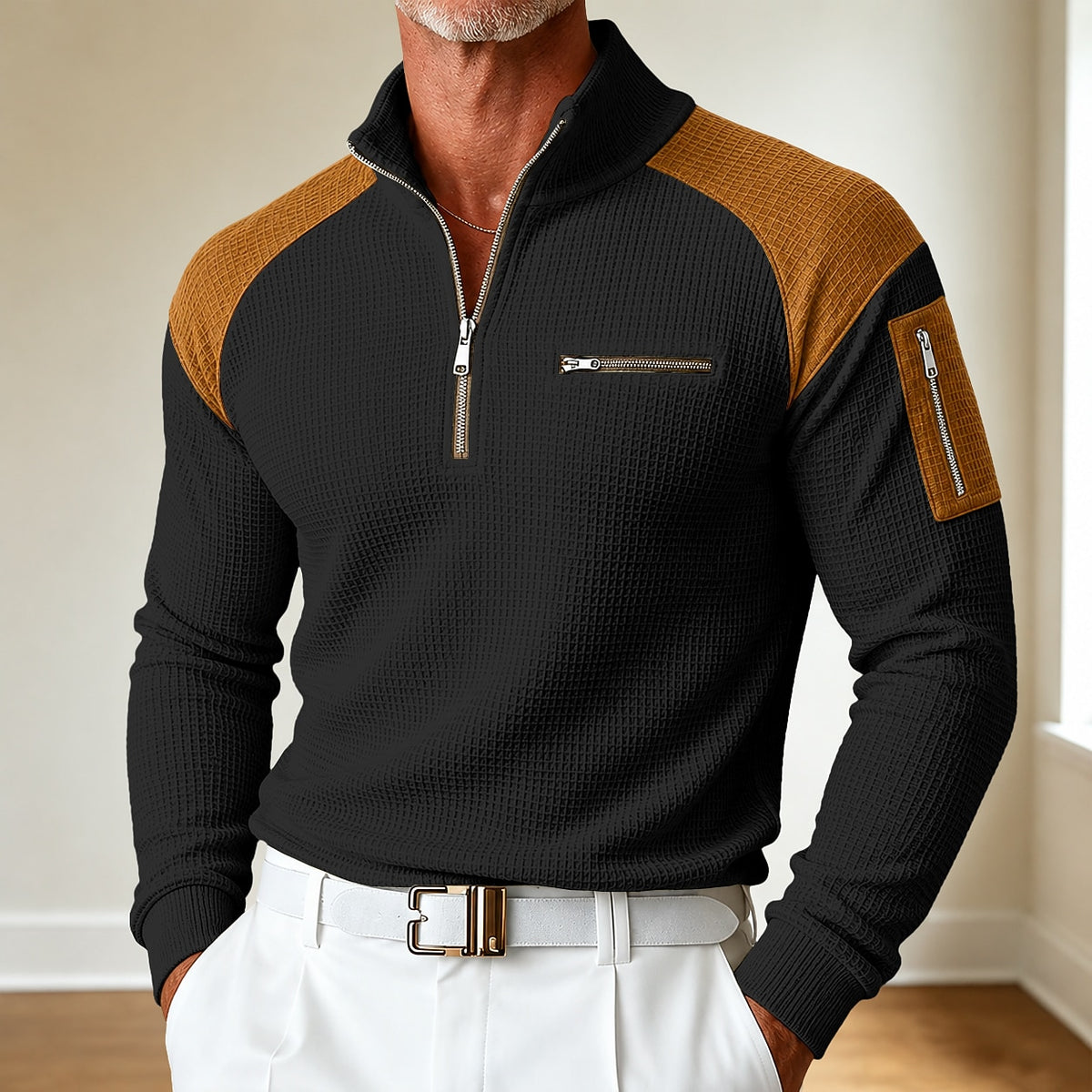 Quarter Zipped Colorblock Waffle Henley