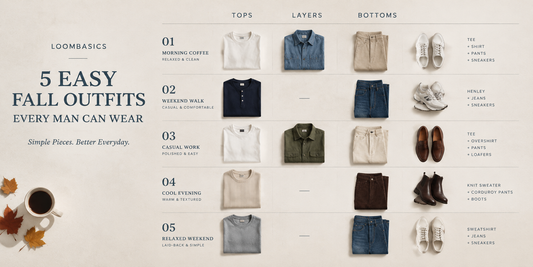 Five easy fall outfits for men featuring casual shirts, henleys, sweaters, pants and everyday wardrobe essentials