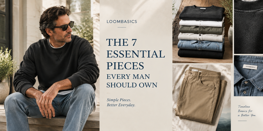 Middle aged man wearing timeless basics with a curated men's wardrobe essentials collection