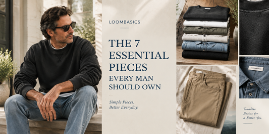 Middle aged man wearing timeless basics with a curated men's wardrobe essentials collection