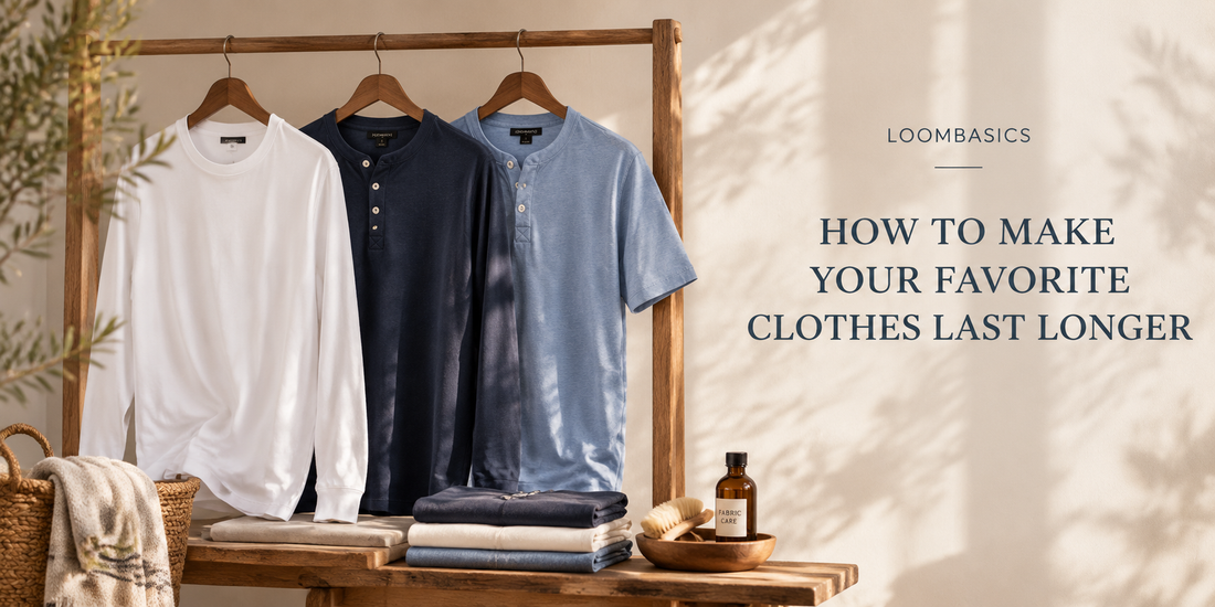Wooden clothing rack with men's henley shirts and basics showing how to care for favorite clothes and make them last longer