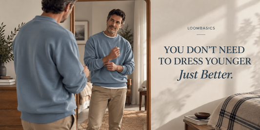 Middle-aged man wearing a comfortable blue sweatshirt showing timeless men's style for dressing better at any age