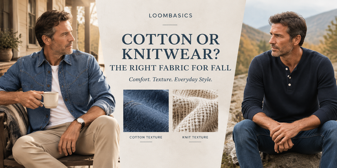 Cotton vs knitwear fall fabric guide featuring a man wearing a denim cotton shirt and a textured knit henley