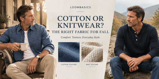 Cotton vs knitwear fall fabric guide featuring a man wearing a denim cotton shirt and a textured knit henley