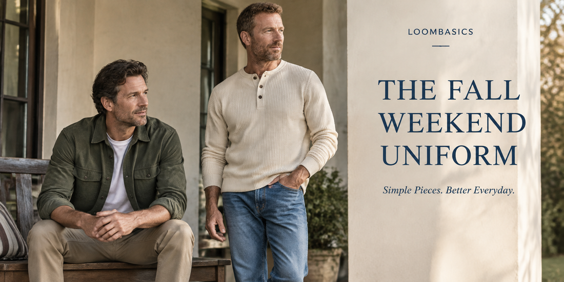 Men's fall weekend outfit featuring comfortable casual layers and everyday essentials