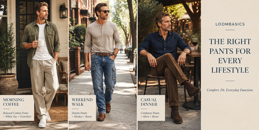 Men choosing versatile pants for different lifestyles including casual and everyday outfits