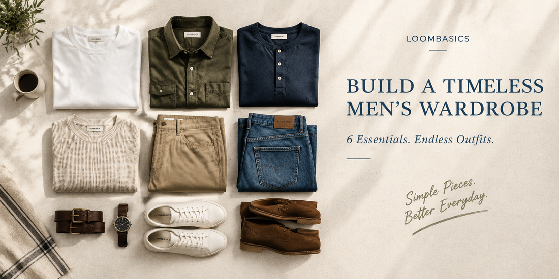 Timeless men's wardrobe essentials featuring shirts, henley, sweater and casual pants arranged in a capsule wardrobe style