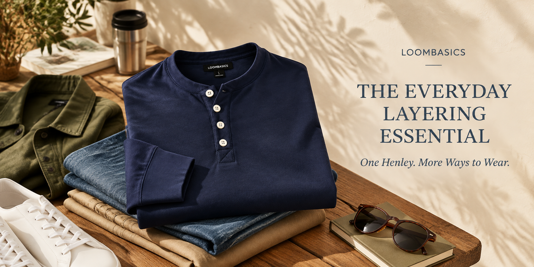 Men's cotton Henley styled as a versatile base layer under casual overshirts and jackets