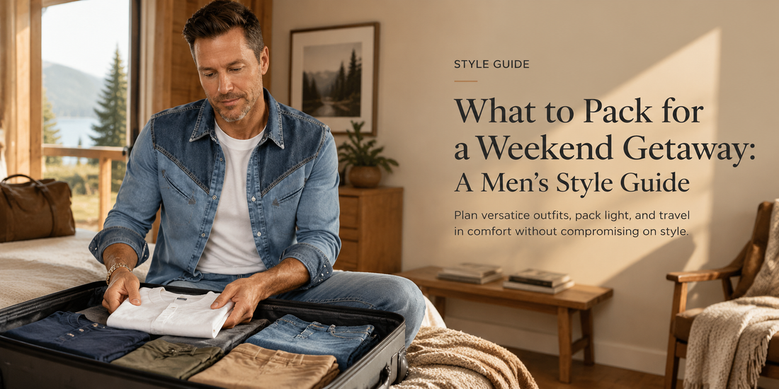 Mature man wearing a navy Henley and olive overshirt while packing versatile men's clothing for a weekend getaway