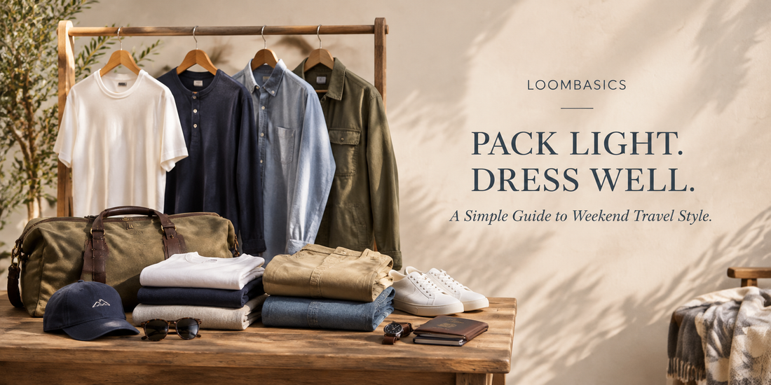 Men's weekend travel wardrobe with versatile shirts, Henleys, casual pants and lightweight layers
