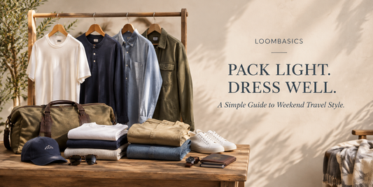 Men's weekend travel wardrobe with versatile shirts, Henleys, casual pants and lightweight layers