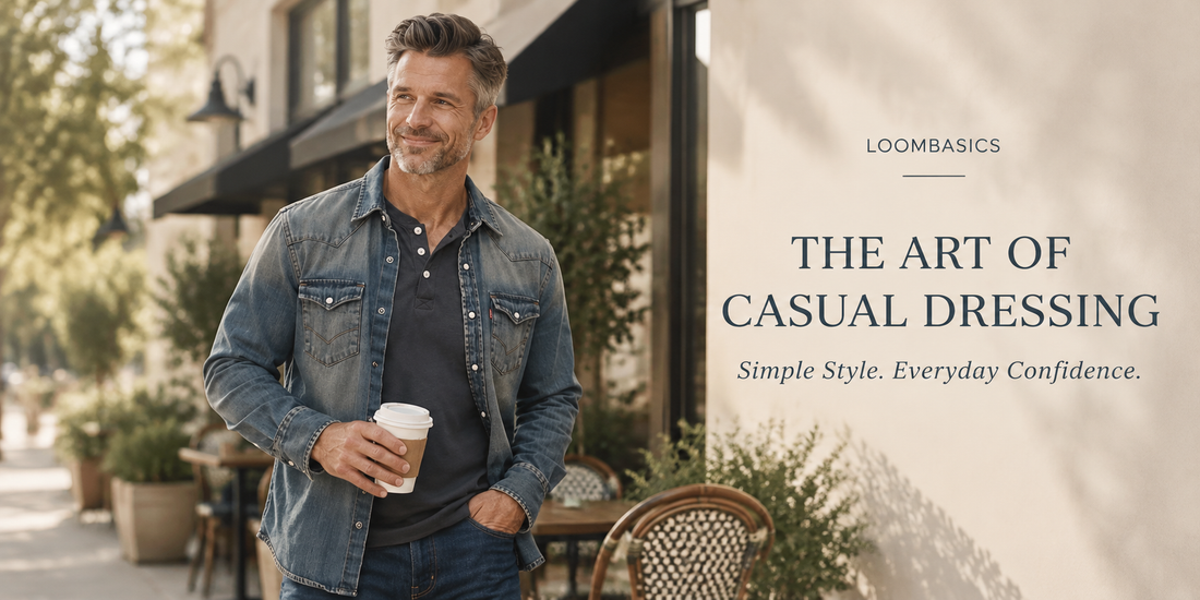 Middle aged man wearing a denim overshirt and henley shirt with coffee, showing effortless casual style for everyday dressing