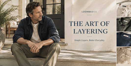 Middle aged man wearing layered fall clothing with a henley shirt and overshirt for a comfortable everyday outfit