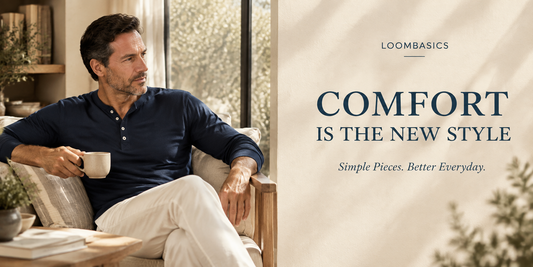 Middle aged man wearing a comfortable navy henley shirt and casual pants in a relaxed everyday lifestyle setting