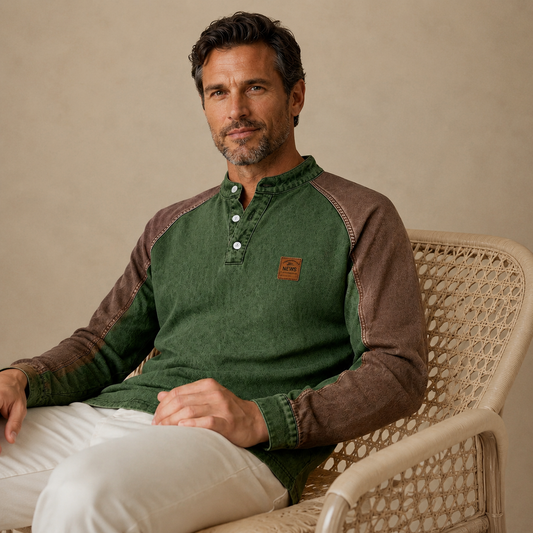 Colorblock Washed Cotton Henley Shirt
