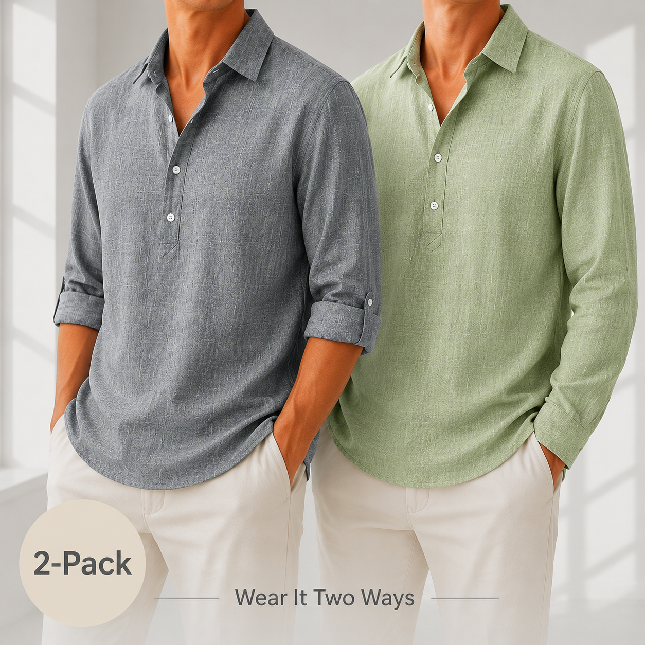 2-Pack Roll Up Or Down Sleeve Linen Popover Shirts