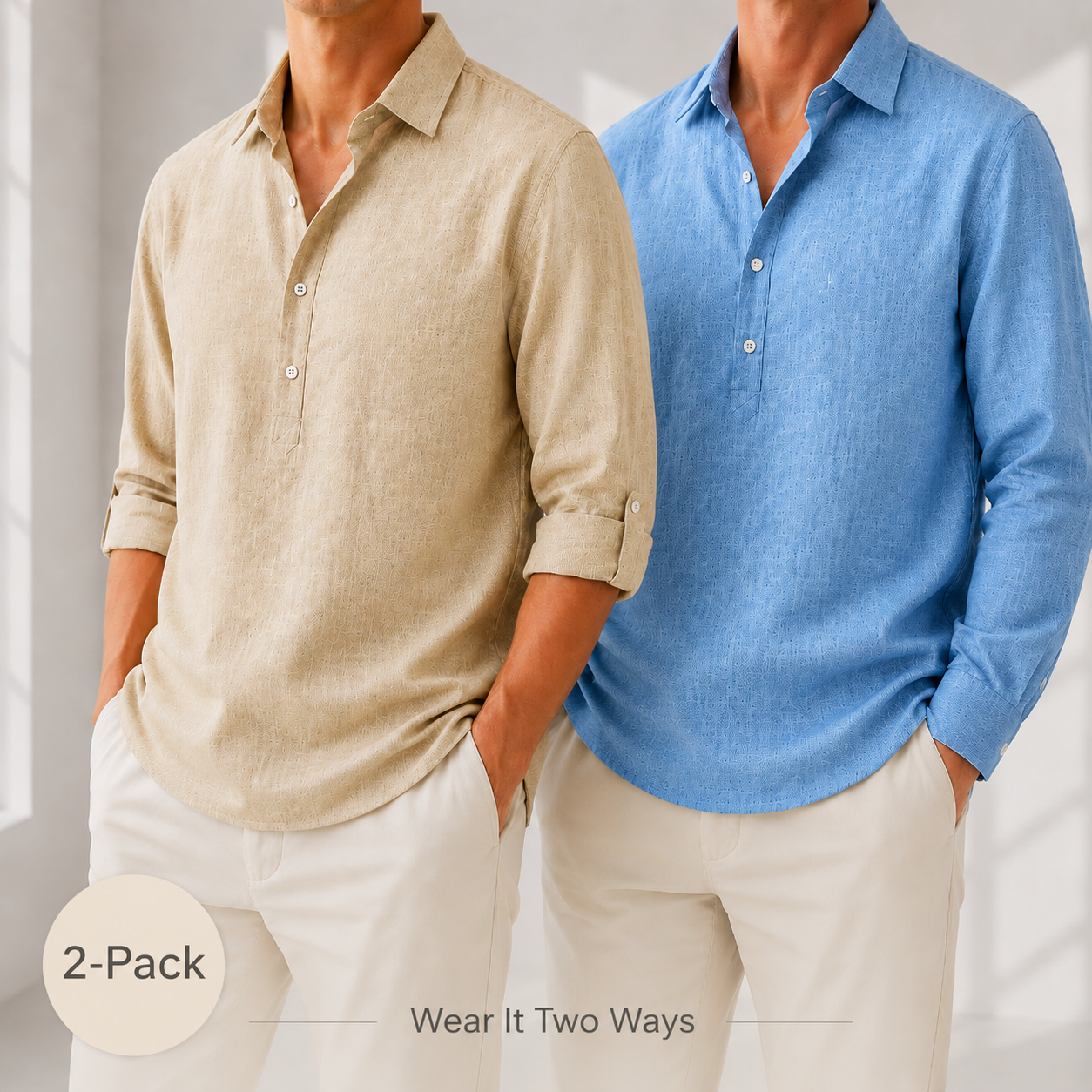 2-Pack Roll Up Or Down Sleeve Linen Popover Shirts