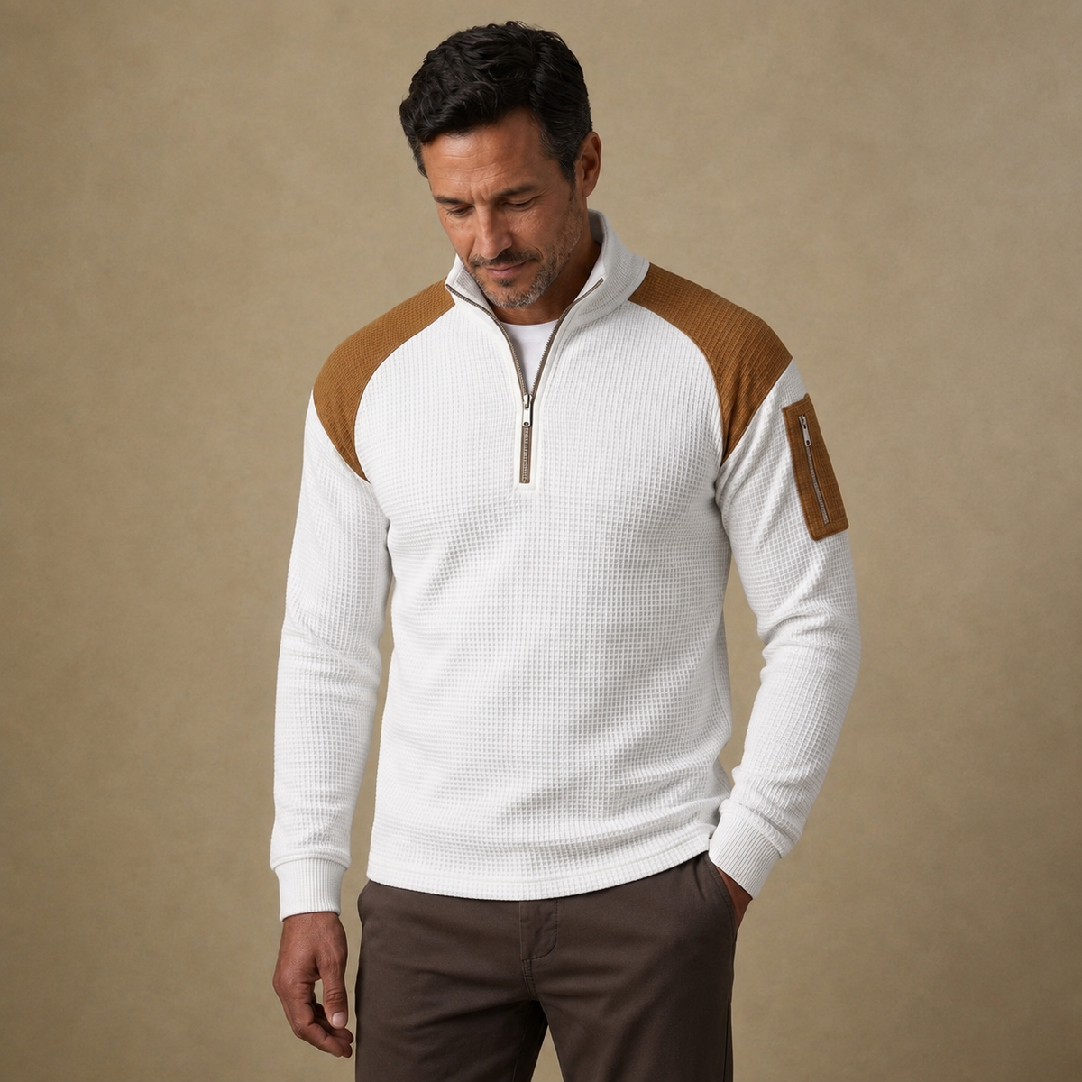 Quarter Zipped Colorblock Waffle Henley