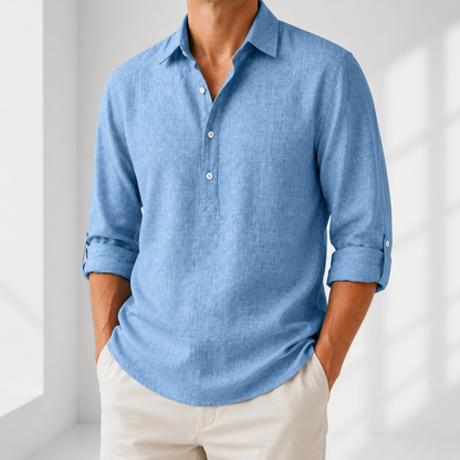 Linen Popover Shirt With Convertible Sleeves