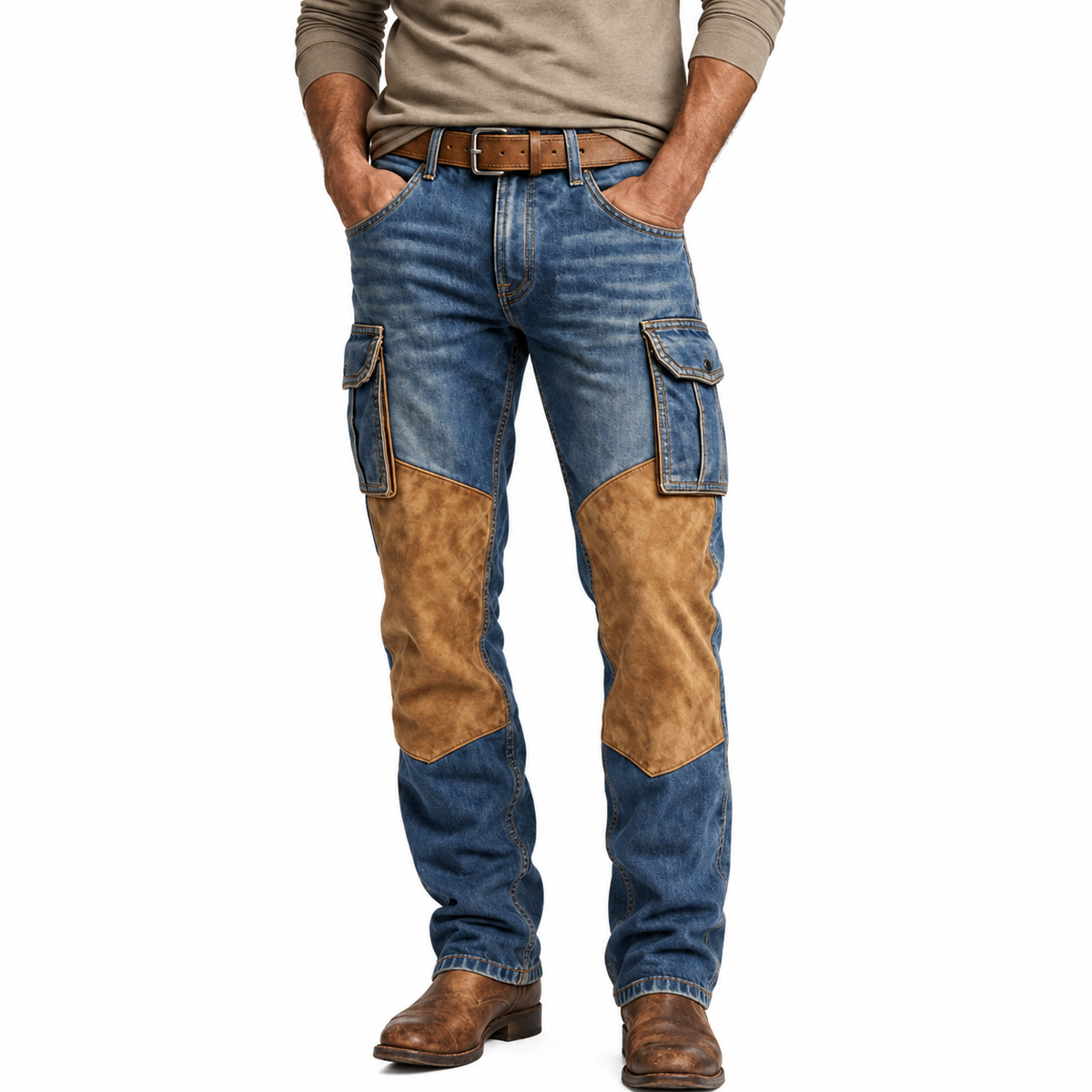 Broken-in Cotton Patchwork Denim Pants