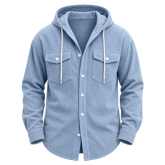 Textured Corduroy Hooded Shirt With Pocket