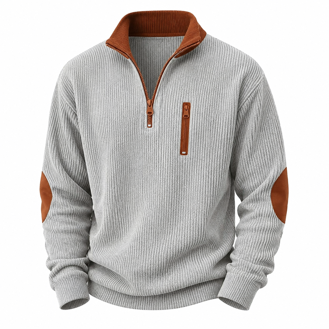 A men's ribbed knit quarter-zip pullover sweater in light gray with brown accents on the collar, zipper trim, vertical chest pocket, elbow patches, and zipper pulls, shown on a plain white background.