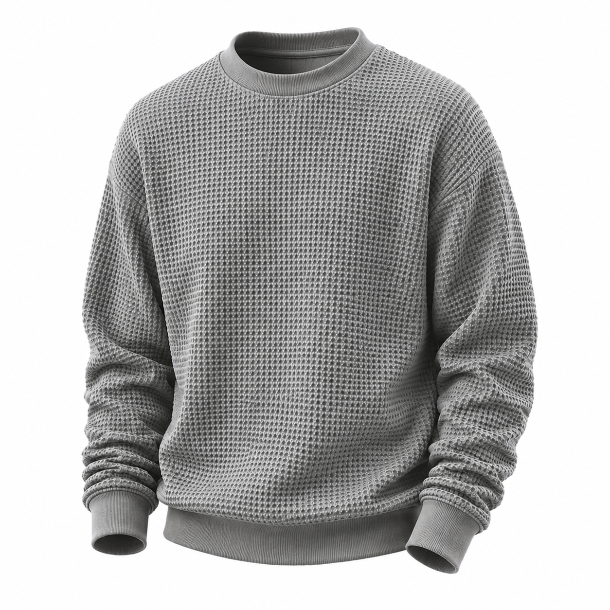 A gray waffle-knit crewneck sweatshirt with ribbed collar, cuffs, and hem, displayed on a clean white background.