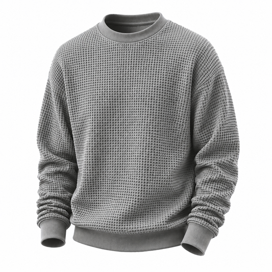 A gray waffle-knit crewneck sweatshirt with ribbed collar, cuffs, and hem, displayed on a clean white background.