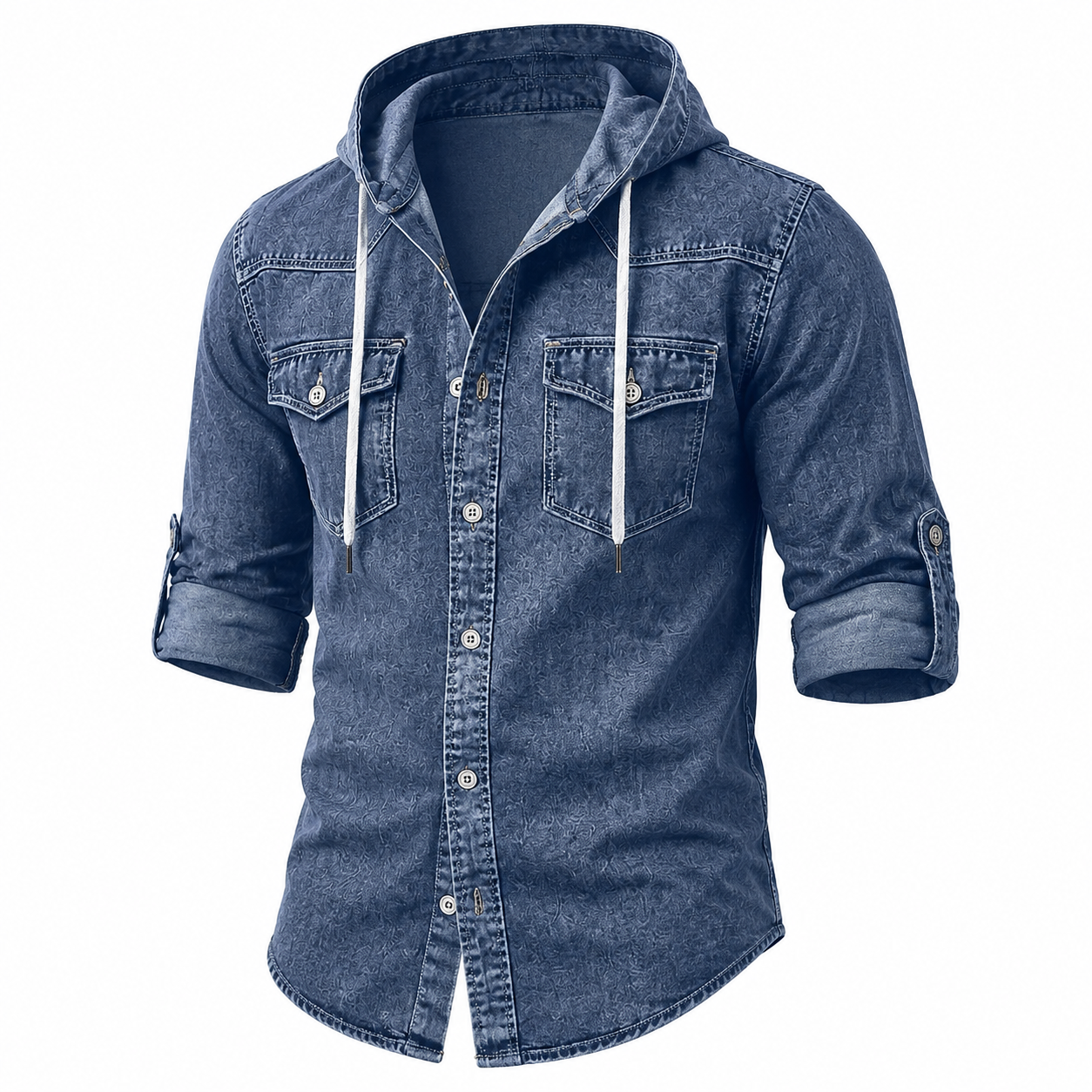 A men's blue denim hooded shirt with three-quarter sleeves, featuring a button-down front, dual chest pockets, and white drawstrings on the hood, shown against a plain white background.