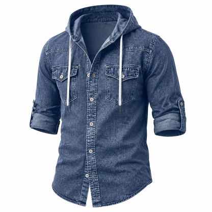 A men's blue denim hooded shirt with three-quarter sleeves, featuring a button-down front, dual chest pockets, and white drawstrings on the hood, shown against a plain white background.