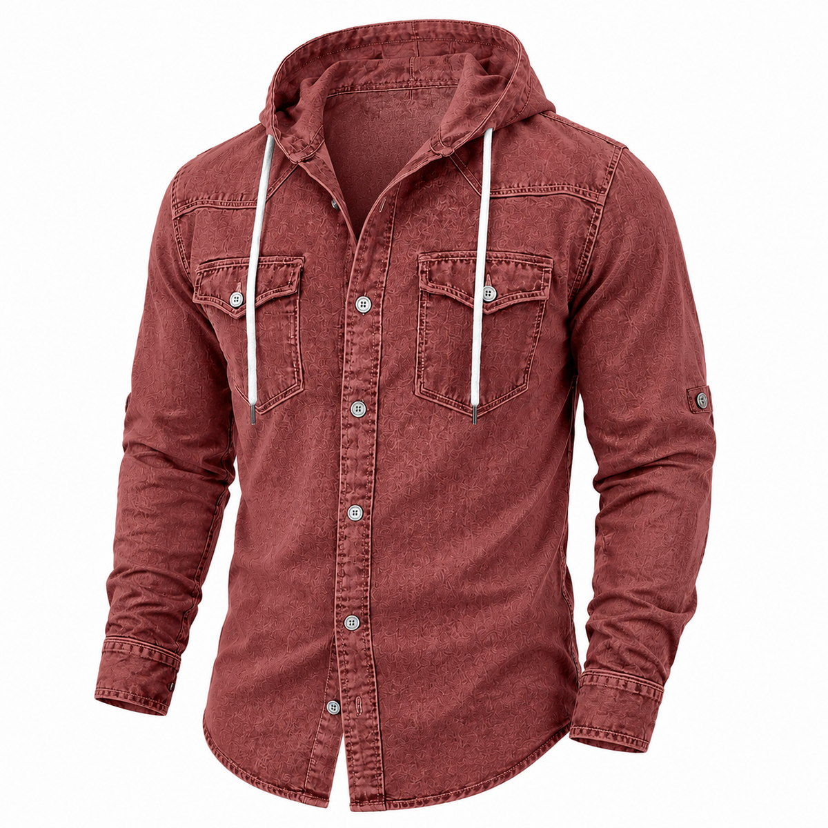 A men's long-sleeve button-up shirt in a washed reddish-brown or rust color, featuring a hood with white drawstrings, two chest flap pockets, and silver-tone buttons, shown on a plain white background.