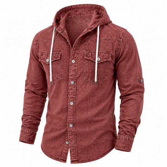 A men's long-sleeve button-up shirt in a washed reddish-brown or rust color, featuring a hood with white drawstrings, two chest flap pockets, and silver-tone buttons, shown on a plain white background.