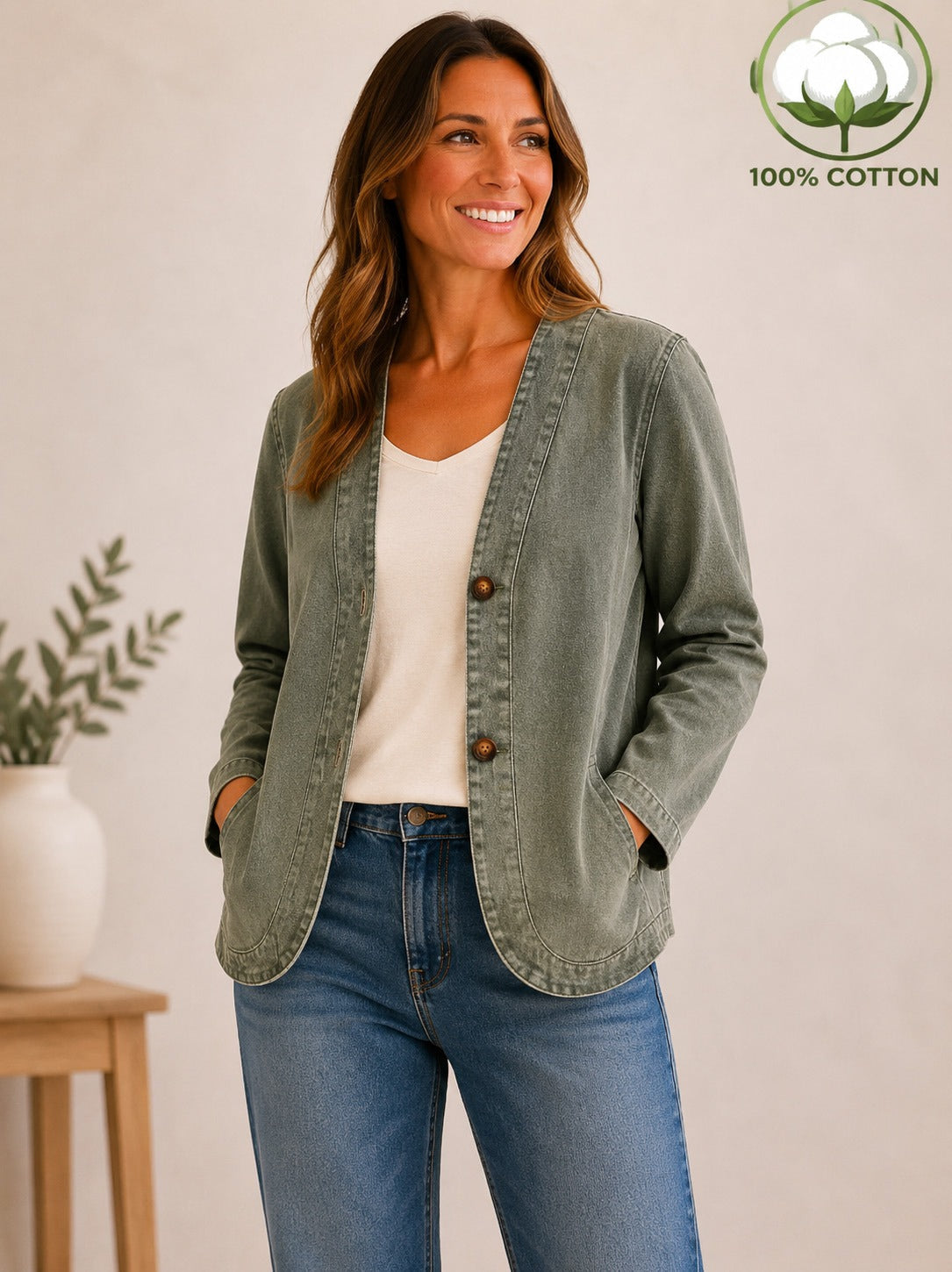 Woman wearing a LoomBasics vintage sage green 100% cotton button-up shirt and blue jeans.