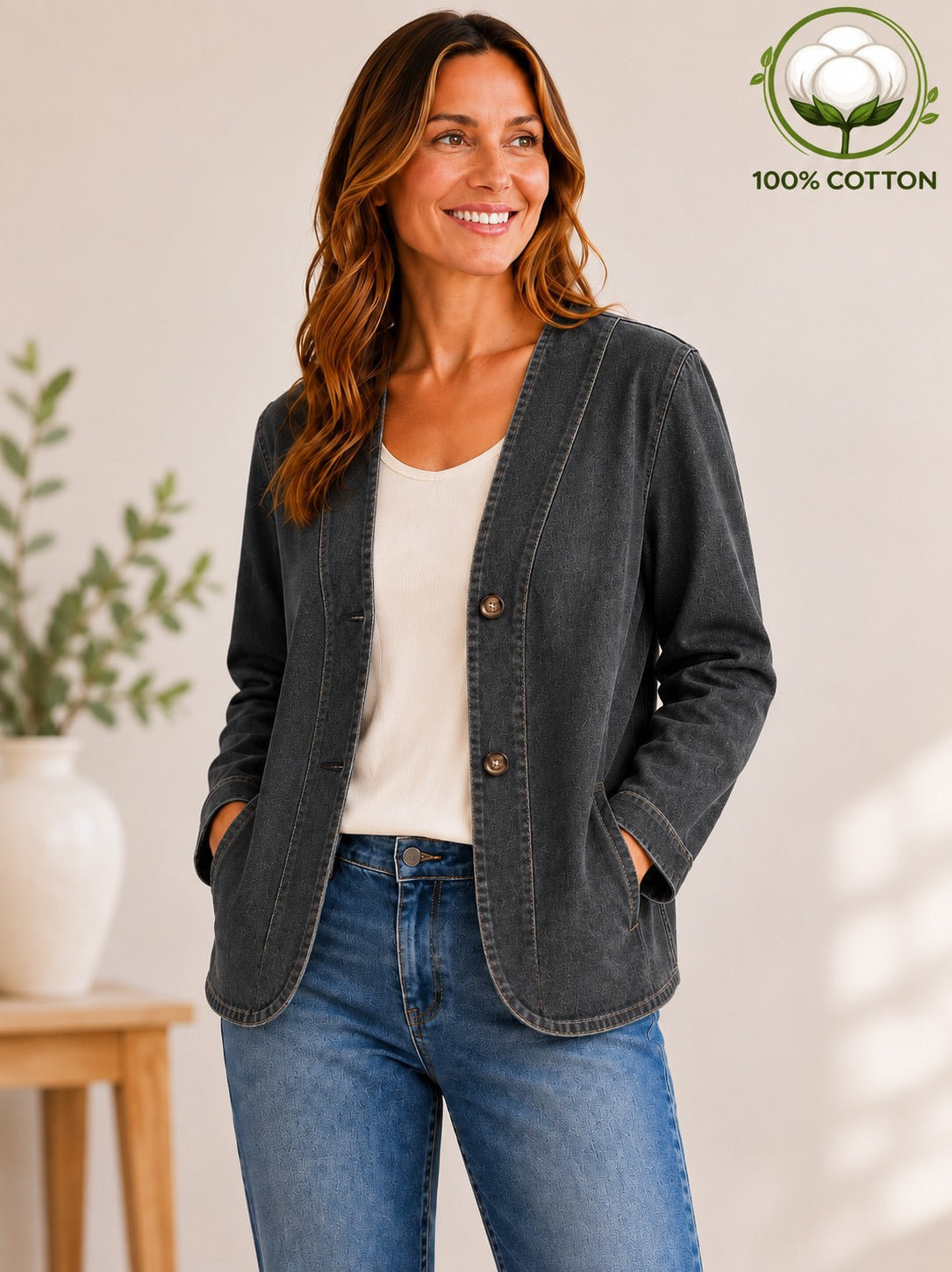 Woman wearing a LoomBasics 100% cotton dark grey vintage shirt jacket and blue jeans.