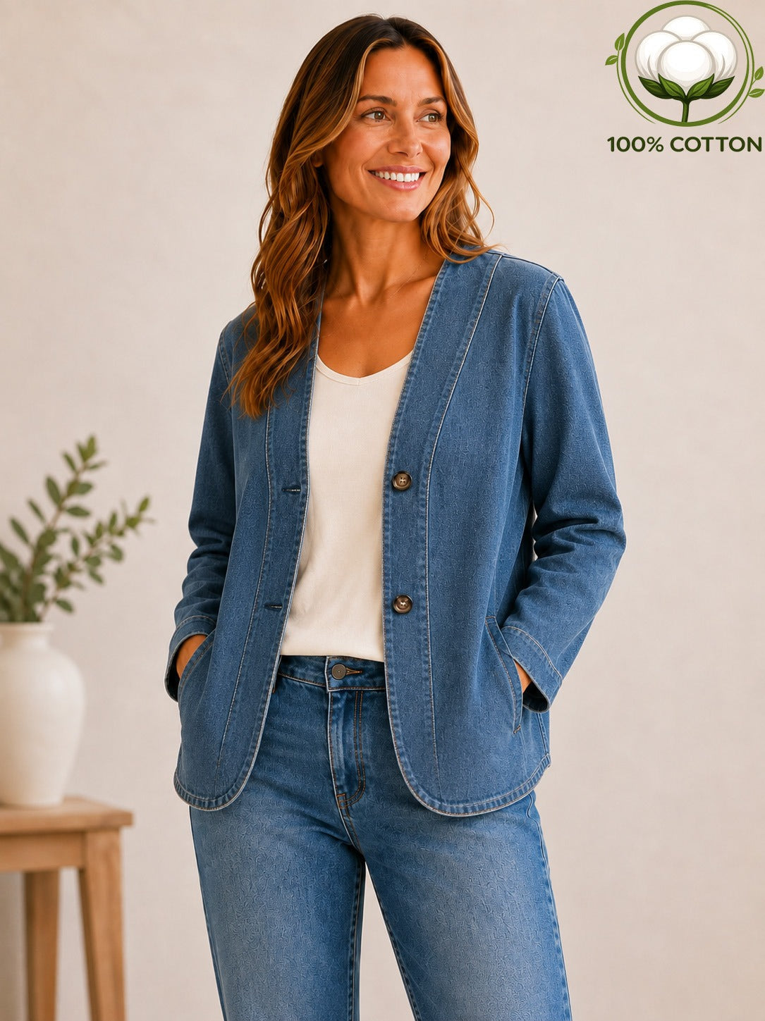 Woman wearing a LoomBasics 100% cotton blue denim jacket over a white top and matching jeans.